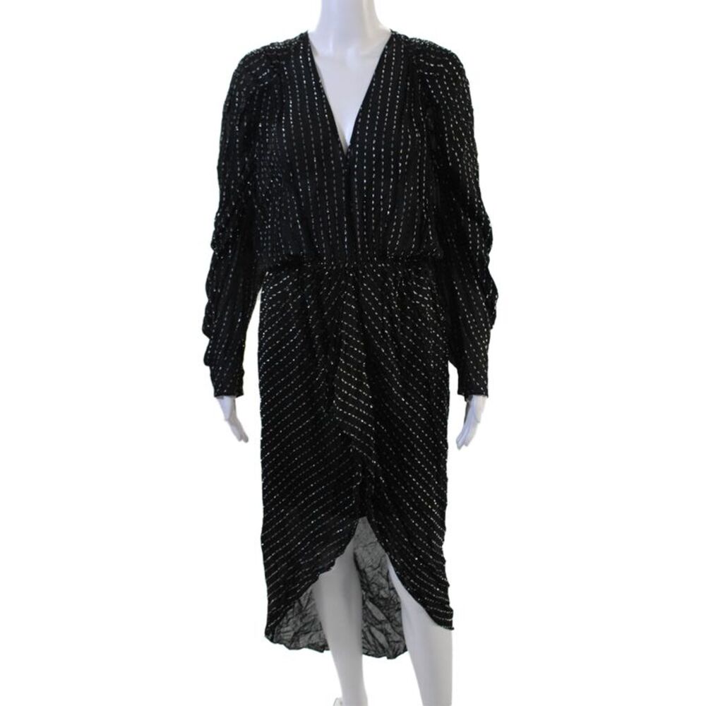 IRO Women Black Striped Wrap Dress V-Neck Long Sleeve Full-Length Zip Size S